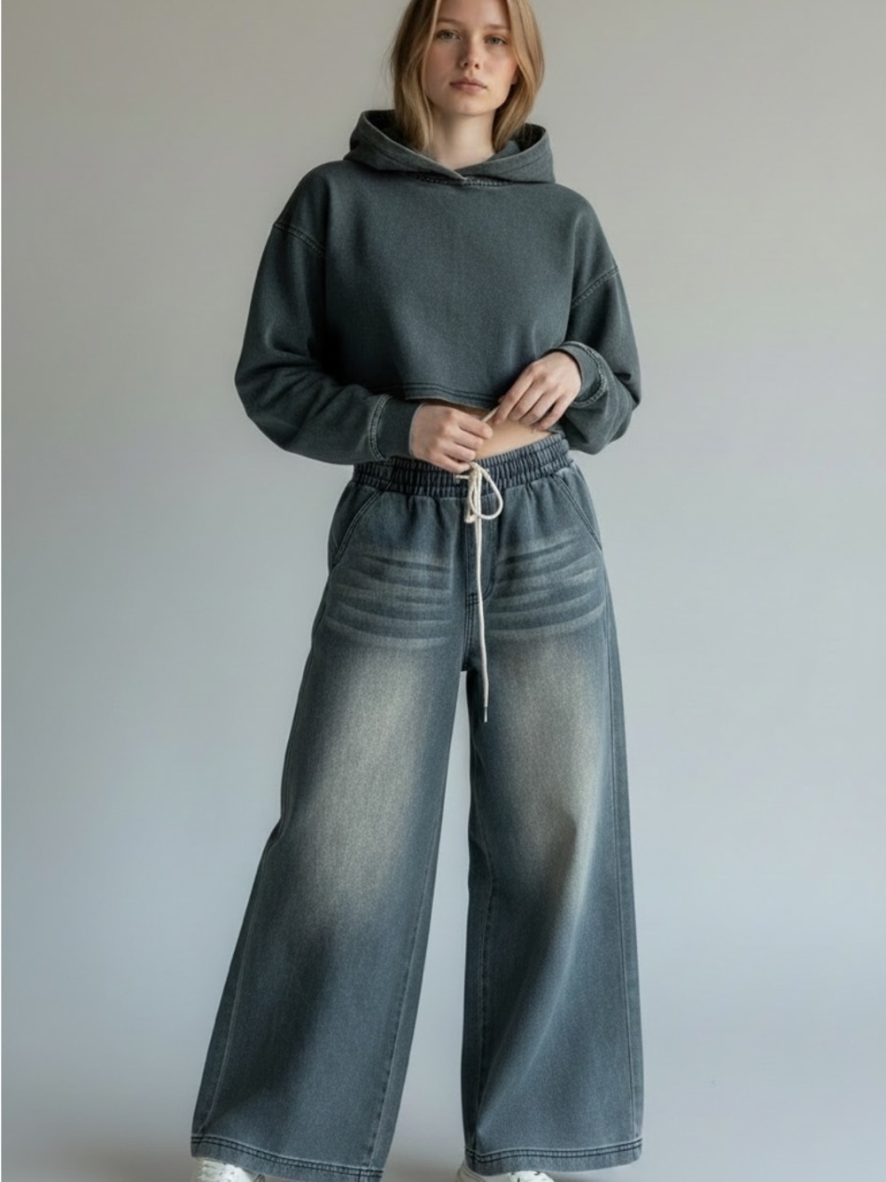 Shein NWT 2 Piece Set: Women's Wide Leg Washed Blue Jeans and cropped hoodie